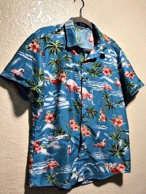 SSLR Men'Small Flamingo Print Hawaiian Shirt Blue & Pink Small